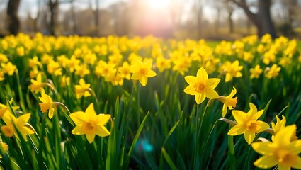 Obraz premium Vibrant Yellow Daffodils in a Spring Meadow Creative background image