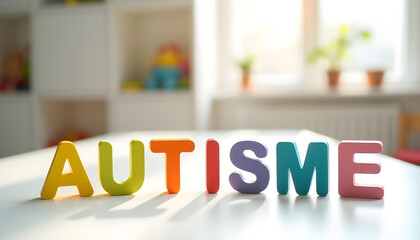 Autisme word in French represented with plastic letters on table symbolizing autism awareness and inclusive neurodiversity support