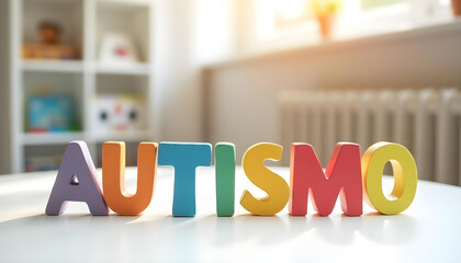 Autismo word in Portuguese created with plastic letters symbolizing autism spectrum awareness and inclusion