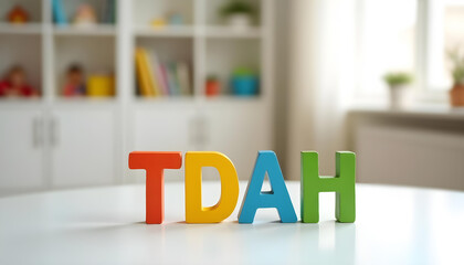 TDAH acronym in Portuguese spelled with wooden letters representing attention disorder and neurodiverse learning inclusion