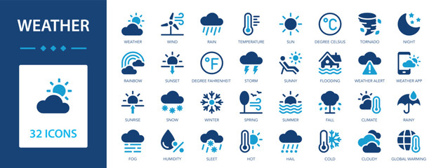 Weather icon set. Sun, rain, snow, cloud, humidity, rainy, weather forecast, temperature, summer, winter, spring, cloudy.