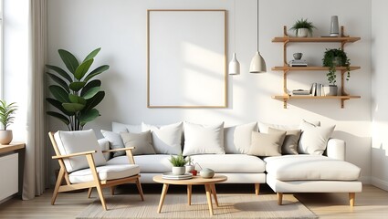 Modern Minimalist Living Room Mockup with Empty Frame Creative background image