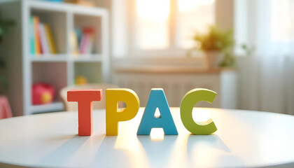 TPAC acronym in Portuguese with wooden letters representing central auditory processing disorder awareness and learning support