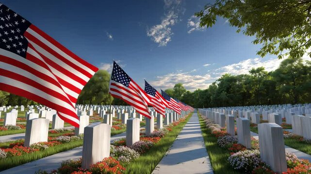 Military cemetery with rows of white headstones and American flags under a blue sky honoring fallen soldiers patriotic memorial tribute USA veterans graves remembrance flowers peace