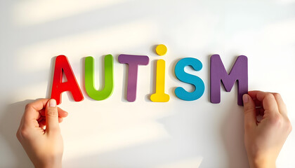 Fototapeta premium Autism letters displayed on white background representing support education and awareness within neurodiversity