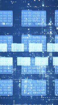 Rows of digital folders of data on blue digital background. Cloud storage data sorting animation