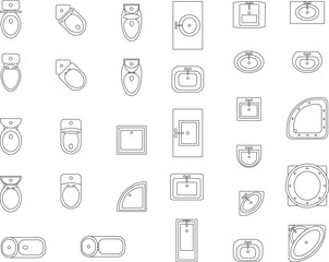 Washroom Furniture, luxury bathroom furniture, commode, basins, shells, toilets, bidets, urinals, showers, ceramic furniture, customizable stroke, vector, illustration