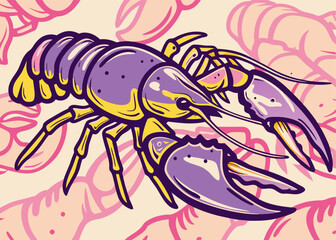 Purple and Yellow Crayfish Illustration, Seafood Design
