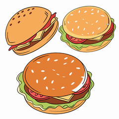 Three Delicious Hamburger Illustrations: Cartoon Style Food Graphics
