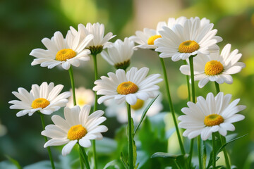 Fototapeta premium White flowers with yellow centers in full bloom against a background of lush green foliage under clear blue skies.