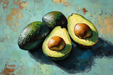 Avocados painting by Elise Sch. on a white canvas, vibrant colors and intricate details bring the fruit to life in a modern artistic style.