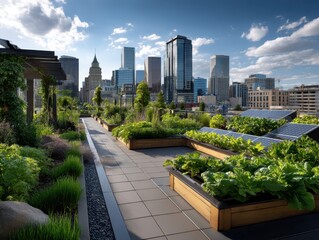 Fototapeta premium Lush urban rooftop garden with vibrant plants and city skyline backdrop.