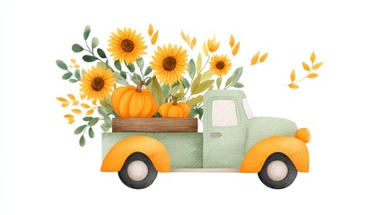 Charming autumn scene featuring pumpkins and sunflowers in a vintage truck a watercolor painting