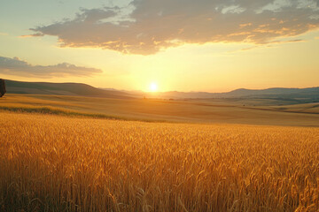 Fototapeta premium Golden field of wheat rustling in the wind under a clear blue sky, with a lone scarecrow standing guard in the distance.