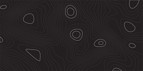 Create a vector illustration featuring an abstract topographic map pattern. The background should be a solid, very dark gray or near-black color. Overlaid on this background are numerous thin.
