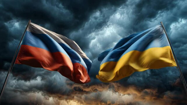 Russian and Ukrainian flags waving side by side dramatic storm clouds conflict concept geopolitical tension diplomacy peace war symbolism powerful contrast