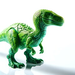 A green and a red dinosaur toy, standing upright, with intricate patterns on their bodies, against a white background.