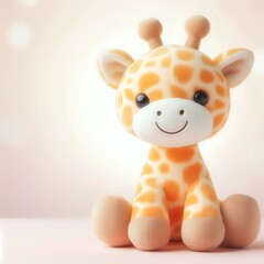 A cute, plush giraffe toy with a smiling face, sitting on a soft, pink surface with a blurred background