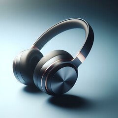A pair of black and silver headphones with a metallic finish, resting on a blue surface with a subtle gradient, casting a soft shadow.