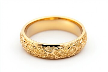 This exquisite gold ring is highlighted by its detailed engravings and shiny finish, presenting a luxurious appearance. Set against a clean white background, it radiates elegance