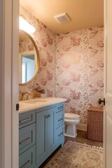 Elegant powder room with floral wallpaper and blue vanity