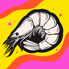 Shrimp Illustration: Black and White Seafood Design