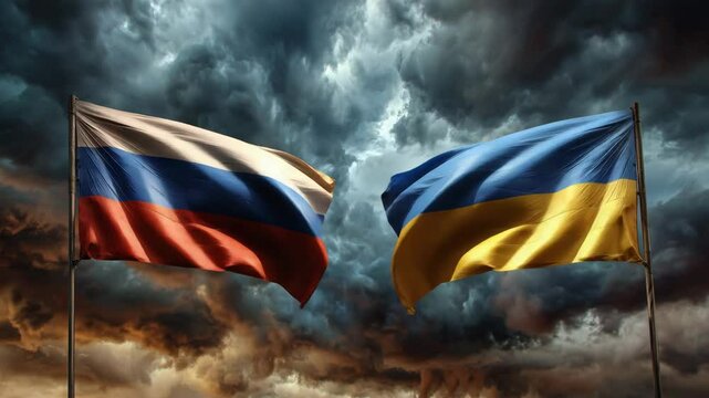 Russian and Ukrainian flags waving side by side dramatic storm clouds conflict concept geopolitical tension diplomacy peace war symbolism powerful contrast