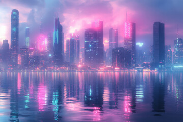 City skyline with pink sky and water.