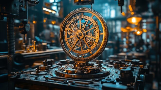 Antique brass gear mechanism in workshop - Powered by Adobe