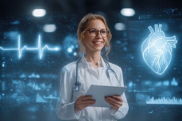 A smiling young female doctor in a white coat holding an iPad