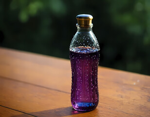 Glass water bottle with water drops. water bottle with cold water in it on plain background with copy text space