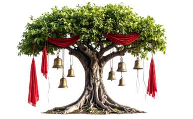 Sacred Banyan Tree with Hanging Bells and Red Cloth, isolated on transparent background