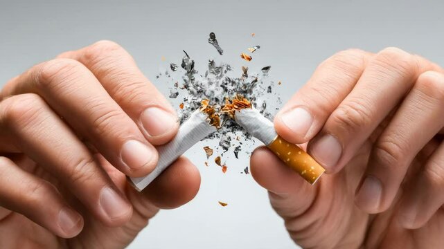 hands breaking cigarette into pieces symbolizing quit smoking stop tobacco addiction health care no smoking lifestyle healthy lungs freedom from nicotine