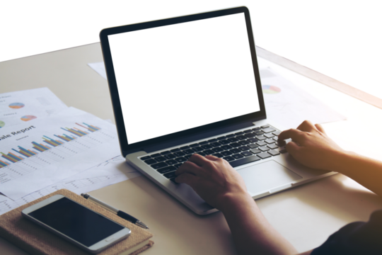Laptop Notebook on table with transparent screen and transparent background