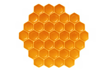 Golden honeycomb pattern creating textured background, showcasing hexagonal cells with transparent backdrop, perfect for honey and bee-related designs