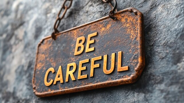 Rusty metal sign with "Be Careful" warning hanging on a stone wall.