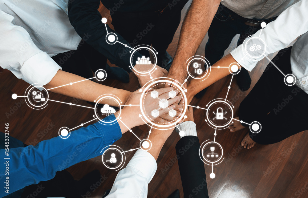 Poster This image captures a powerful moment of collaboration with diverse hands uniting. It symbolizes cooperation and connection in a modern workplace focused on teamwork. Amity