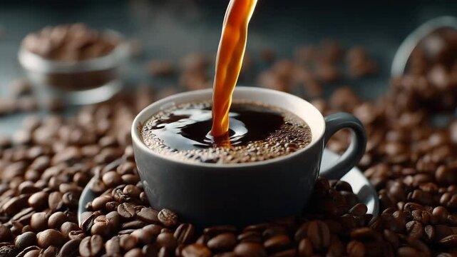 Fresh hot coffee being poured into ceramic cup surrounded by roasted coffee beans warm and aromatic atmosphere