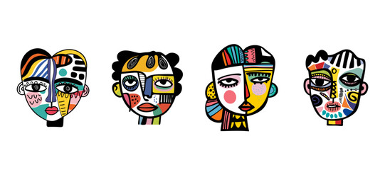Colorful Abstract Face Set with Vibrant Patterns in a Bold Vector Illustration Design for Creative Projects. Vector illustration.