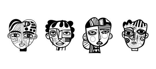 Abstract Black and White Faces with Unique Patterns in a Stylish Vector Illustration Set for Creative Designs. Vector illustration.