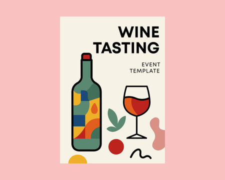 Sleek Wine Tasting Event Template with Bottle and Glass in a Modern Vector Illustration Design. Vector illustration. - Powered by Adobe