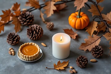 Autumnal still life with pumpkin pie candle and pinecones