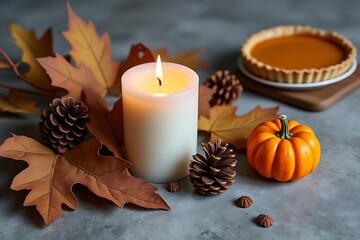 Fototapeta premium Autumnal thanksgiving still life with candle pumpkins and pie