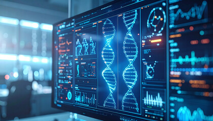Data Analysis of DNA: A close-up shot of a computer monitor displaying complex DNA strands, intricate charts and graphs, symbolizing the cutting-edge of medical research and innovation. 