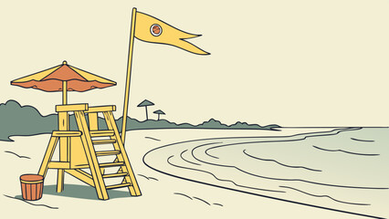 A vibrant summer beach illustration featuring a lifeguard tower, colorful umbrellas, and a relaxation chair by the blue sea under a bright sky