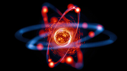 Macro Photo of Glowing Atomic Nucleus with Orbiting Electrons on Black Background – Quantum Energy Concept, Particle Physics Visualization, Nuclear Science Abstract