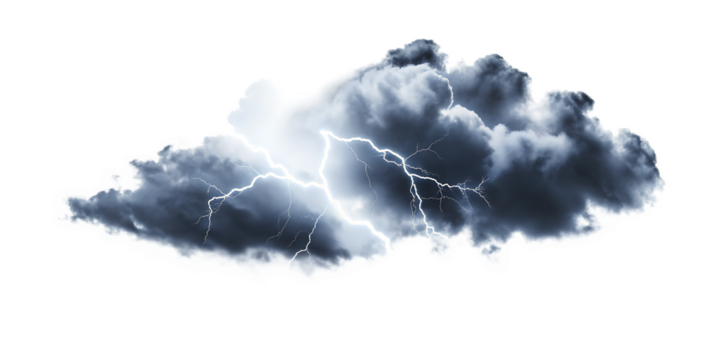 Dramatic storm cloud with lightning isolated on a white background png