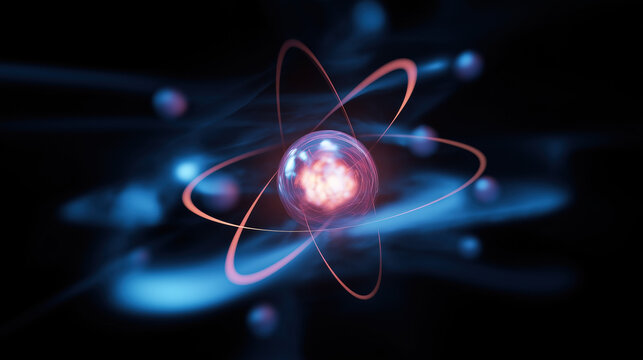Macro Photo of Glowing Atomic Nucleus with Orbiting Electrons on Black Background &ndash; Quantum Energy Concept, Particle Physics Visualization, Nuclear Science Abstract