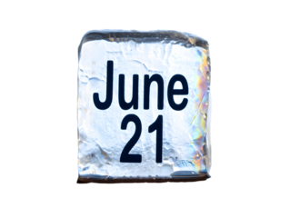 Ice Cube Calendar June Twenty First Date Black Text Frozen Water Block Translucent Icy Cube Summer Solstice