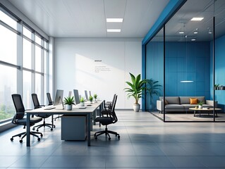 Modern Office Workspace with Glass Partition and City View